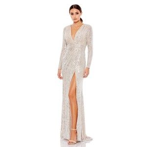 Mac Duggal Sequined Long Sleeve Evening Gown Embellishments Size 10 Silver 26490